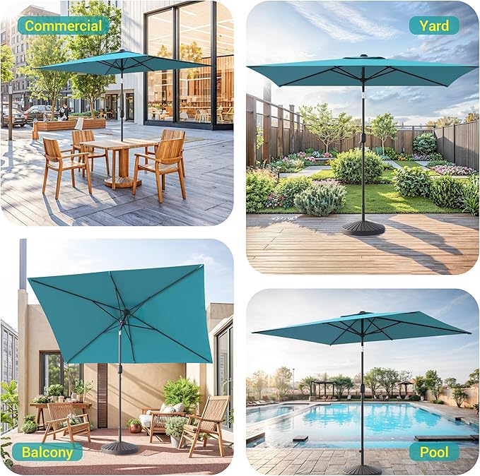Rectangle Patio Umbrella with Solar Lights, 6x9ft Outdoor Rectangular Table Market Umbrella Patio with Push Button Tilt and Crank for Pool, Deck, Garden,Backyard