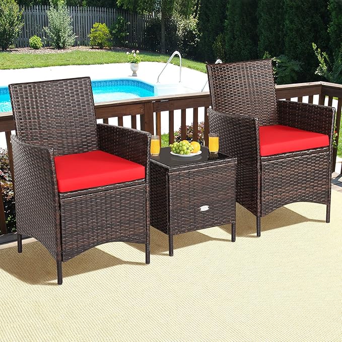 3 Pieces Patio Furniture Set, Wicker Outdoor Furniture with Water-Resistant Cushion & Tempered Glass Top Table, Conversation Set Bistro Set for Porch, Balcony, Backyard (Red)