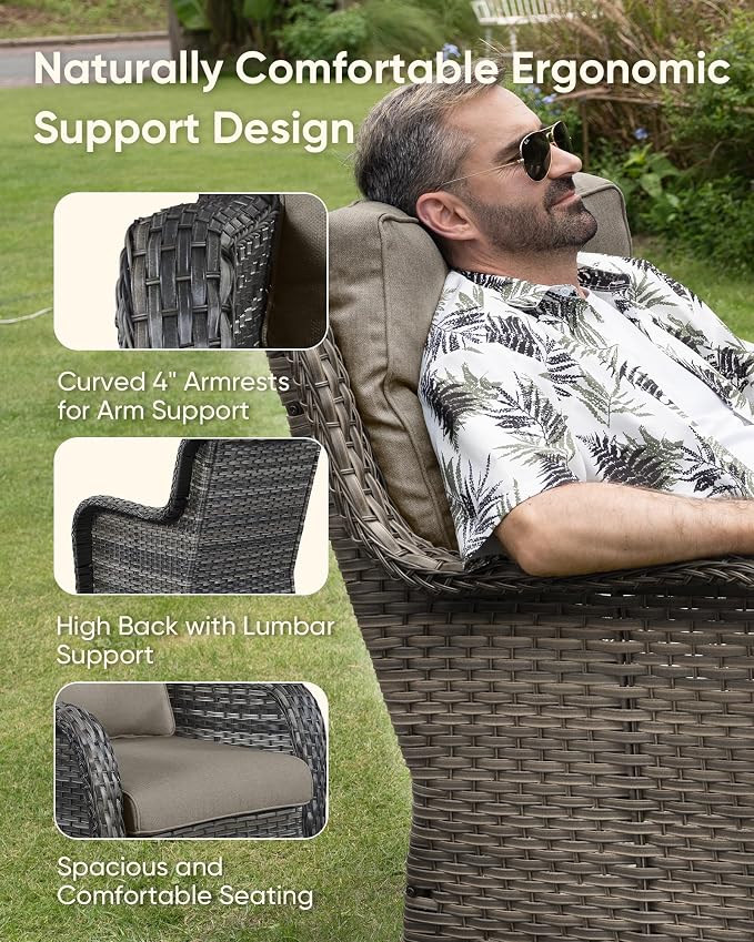 HUMMUH Wicker Patio Furniture Set with Outdoor Swivel Rocker Patio Chairs,High Back Outdoor Couch and Table 5 Pieces Outdoor Furniture for Porch Garden Deck