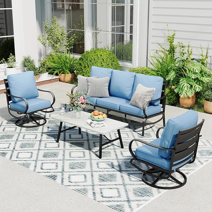 Sophia & William Patio Furniture Sets 5 Seats Outdoor Metal Conversation Sets 4 Pcs with 2 x Cushioned Swivel Sofa Chairs,1 x 3-Seat Sofa, 1x Marbling Metal Coffee Table Lawn Backyard Poolside Blue
