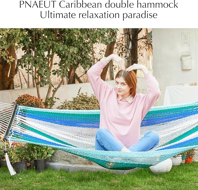 PNAEUT Double Rope Hammocks for Outside, Handwoven Double Caribbean Hammock with Spreader Bar for Outdoor Indoor, Max 600 lbs Capacity (Aqua)