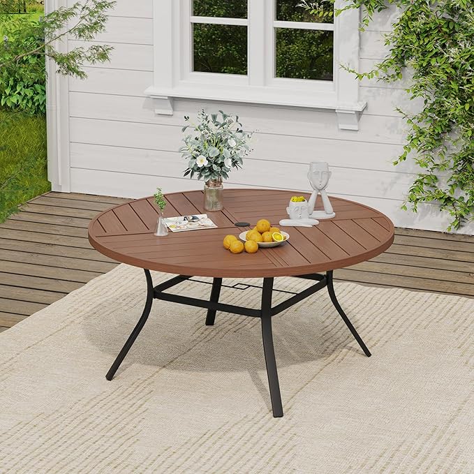 VICLLAX Outdoor Table and Chairs Set for 6, Patio Dining Set of 50 Metal Round Patio Table with Umbrella Hole & 6 Swivel Outdoor Dining Chairs for Backyard Lawn, Charcoal & Walnut