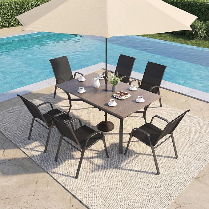7-Piece Outdoor Dining Set - Rectangular Patio Table with Umbrella Hole and 6 Stackable Dining Chairs All-Weather for Garden, Deck, and Poolside (Natural, 63"L x 38"W x 28"H Rectangle Dining Table)