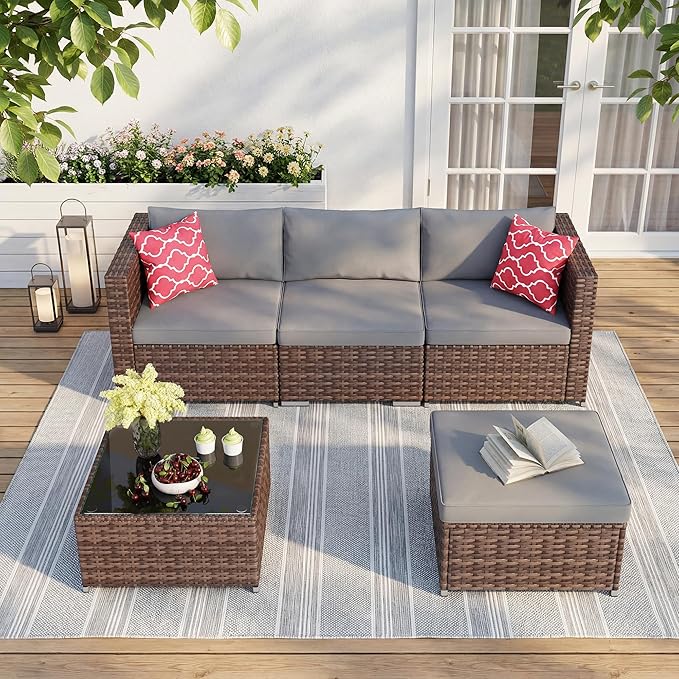Ahomly 5 Piece Outdoor Patio Furniture Set, PE Wicker Rattan Sectional Sofa with Cushions and Glass Coffee Table, Outdoor Furniture Set for Garden Yard Porch, Grey