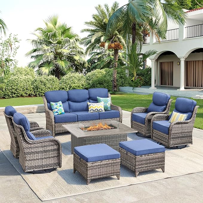 Luxury Patio Furniture Set with Fire Pit Table-8 Pieces All Weather Outdoor Swivel Rocker Chairs with Sofa and Ottomans. Outdoors Patio Conversation Sets for Porch Deck Garden Backyard(Grey/Blue)