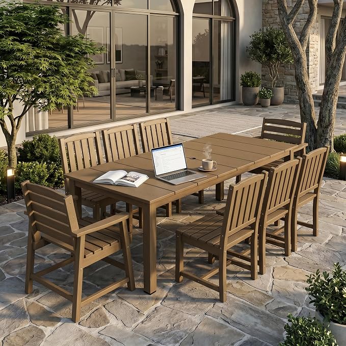 PLUUV 9-Piece Outdoor Patio Dining Set – HDPE Dining Table with Aluminum Legs and Umbrella Hole, 8 Chairs & 1 Table, All-Weather Patio Furniture Set for Garden Deck Backyard, Brown