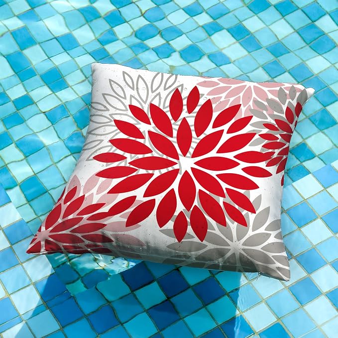 DFXSZ Outdoor Waterproof Pillow Covers 20x20 Set of 2 Red Pink Grey Flower | Spring Summer Waterproof Flower Throw Pillowcases（No Inserts）Decor for Valentines Patio Funiture Garden Polyester Covers