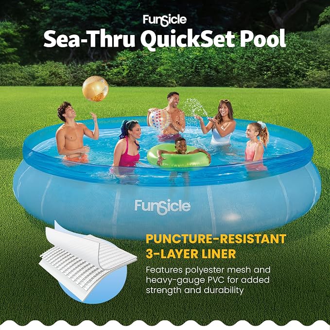 Funsicle Sea Thru Quickset Round Inflatable Ring Top Outdoor Above Ground Swimming Pool Set with Pump and Cartridge Filter for Outdoor Use, Blue