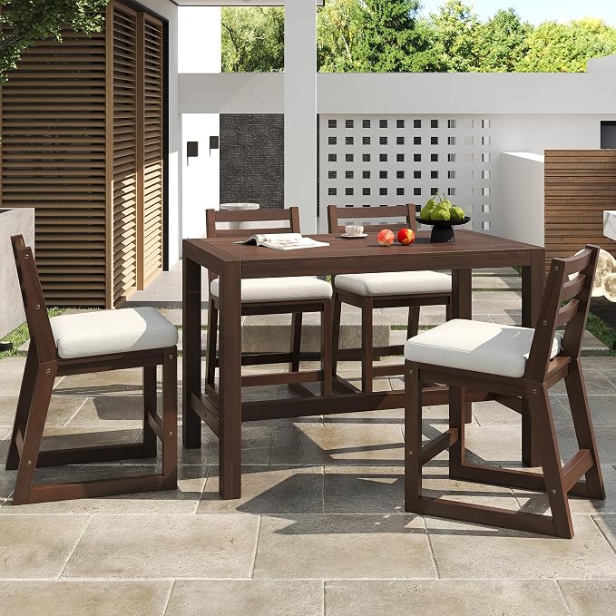 VilroCaz 5-Piece Outdoor Patio Counter Height Dining Set, Acacia Wood Bar Table and Ergonomic Chairs with Removable Cushion, All-Weather Bistro Set Conversation Set with Slatted Tabletop (Mocha-2.10)