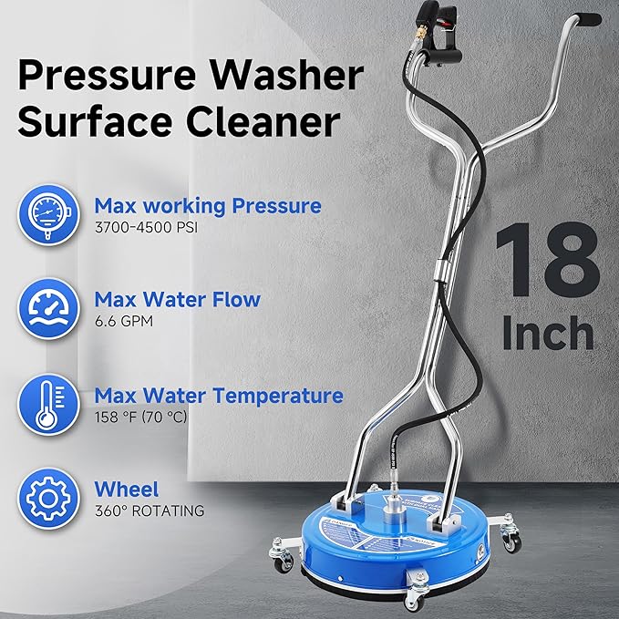 RIDGE WASHER 18’’ Pressure Washer Surface Cleaner, Surface Cleaner with Dual Handle, 4500 PSI Power Washer Surface Cleaners with Wheels for Cleaning Driveways, Sidewalks, Patios