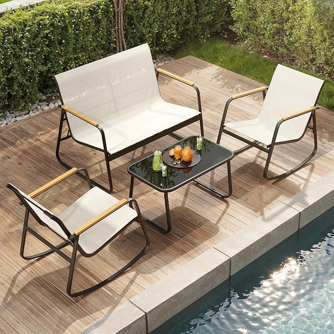 Ahomly Outdoor Patio Furniture Set 4 Pieces, Conversation Textilene Fabric Chairs with Coffee Table Rocking Chairs Bistro Set for Backyard, Poolside, Porch (White)