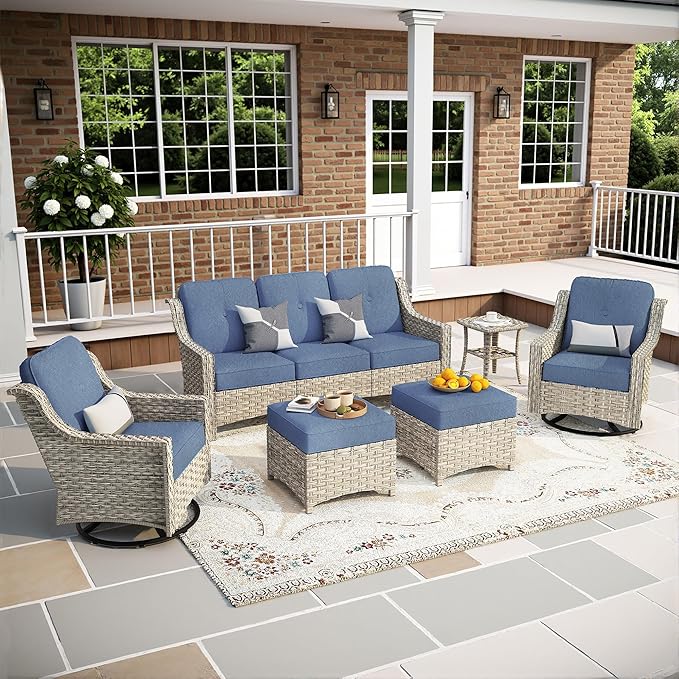6-Piece Patio Furniture Set, Outdoor Conversation Set Sectional Sofa with Rocking Chairs and Water Resistant Cushions, Light Blue