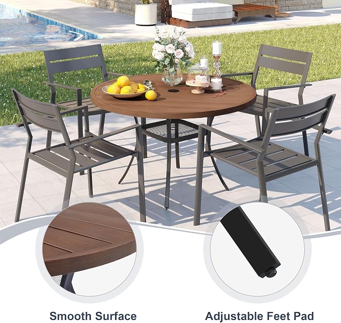 VICLLAX Patio 5 Pieces Outdoor Dining Set, Wrought Iron Metal Outdoor Table and Chairs Set, 40.6" Round Table with Umbrella Hole and 4 Stackable Chairs for Lawn, Garden, Porch, Walnut/Black