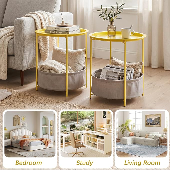 VECELO Round Side/End Table with Fabric Storage Basket，Metal Anti-Rust and Waterproof Small Bedside Nightstand with Removable Tray Top for Living Room，Balcony & Laundry，Yellow /2pcs with Basket