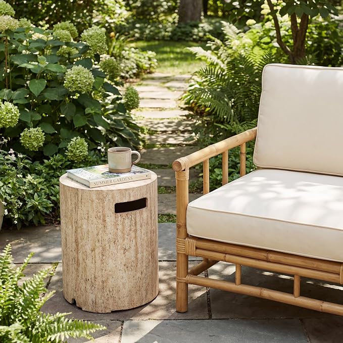 Merax 16x20 inches MGO Propane Tank Holder, Lightweight Concrete Side Table with Travertine Style, Multi-Functional Outdoor Side Table for Patio, No Assembly Required, Beige