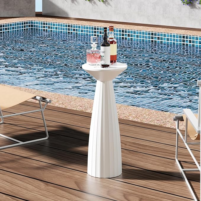 Modern Patio Side Table, Mid-Century Metal Outdoor End Table, Pedestal Round Accent Table for Poolside, Balcony & Living Room, Weather Resistant, No Assembly Required, White
