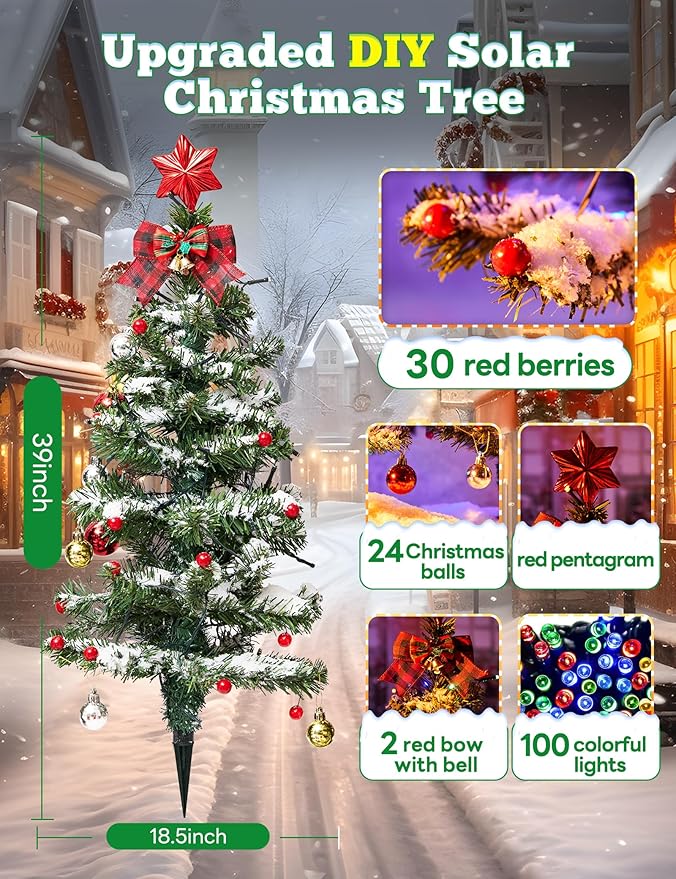 100LED Solar Christmas Tree Lights Outdoor Waterproof, 8 Modes Large Solar Christmas Trees Lights with Xmas Ball & Red Berry, Solar Powered Christmas Decorations for Outside Pathway Garden Yard Decor