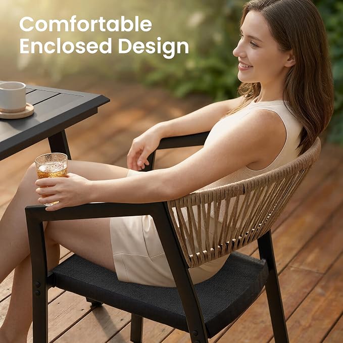 9-Piece Aluminum Square Patio Dining Set with 8 Stackable Wicker Chairs | 57" Outdoor Dining Table and with 8 Brown Barrel Chairs Weather Resistant Furniture for Backyard, Deck, Poolside