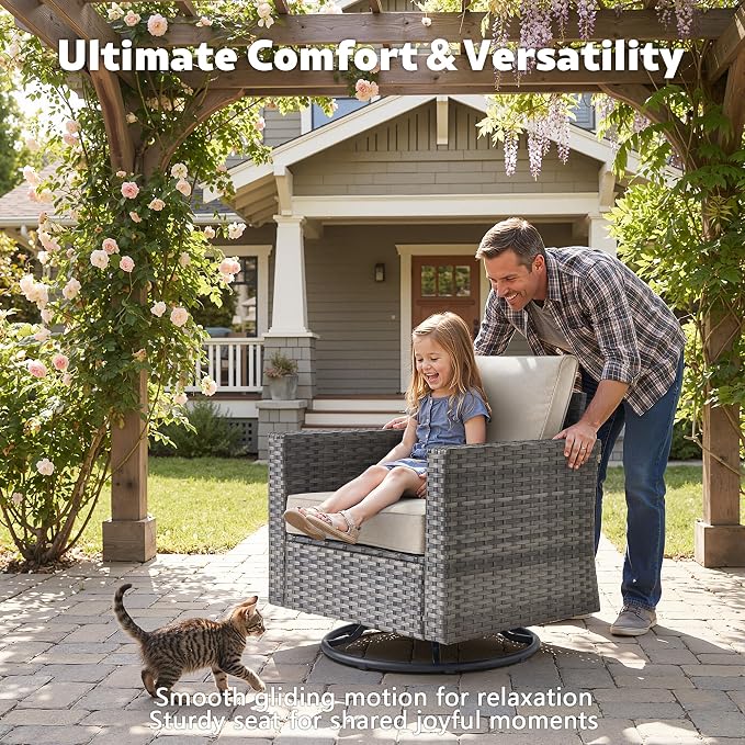 CAODOC 7-Piece Outdoor Wicker Patio Set with 7 Seats, Including 43" Fire Pit - Swivel Rocker Chairs and Conversation Set for Backyard or Lawn, Gray Rattan with Waterproof Beige Cushions