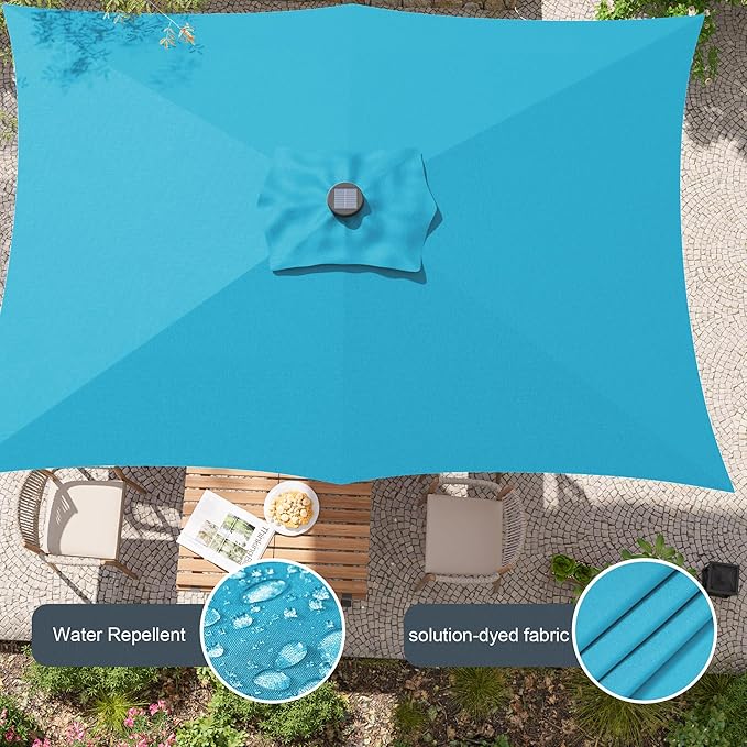 Rectangle Patio Umbrella with Solar Lights, 6x9ft Outdoor Rectangular Table Market Umbrella Patio with Push Button Tilt and Crank for Pool, Deck, Garden,Backyard