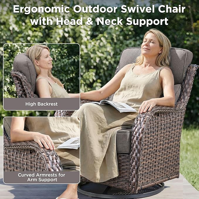 Luxury Outdoor Patio Furniture Set-High Back Outdoor Swivel Chairs Set of 2 with 6" Thick Cushions Wide Armrest All Weather Patio Conversation Sets for Deck Porch Balcony(Brown/Grey)