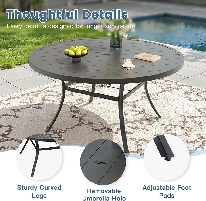 DIFY 7 Pieces Outdoor Dining Set for 6, 53" Black Round Metal Table with Umbrella Hole and Dark Grey Textilene Swivel Patio Chairs, Patio Table and Chairs Set for Garden, Backyard, Poolside