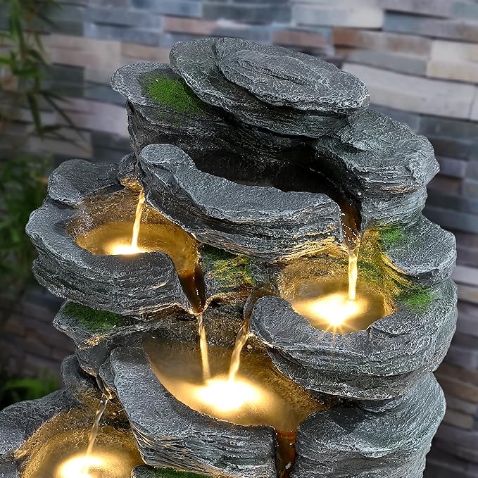 Rock Outdoor Water Fountain, 7 Tiered Waterfall Fountains with LED Lights, Floor Waterfalls Outside, Modern Cascading Flow Rock Fountain for Garden, Yard, Patio, Home Decor