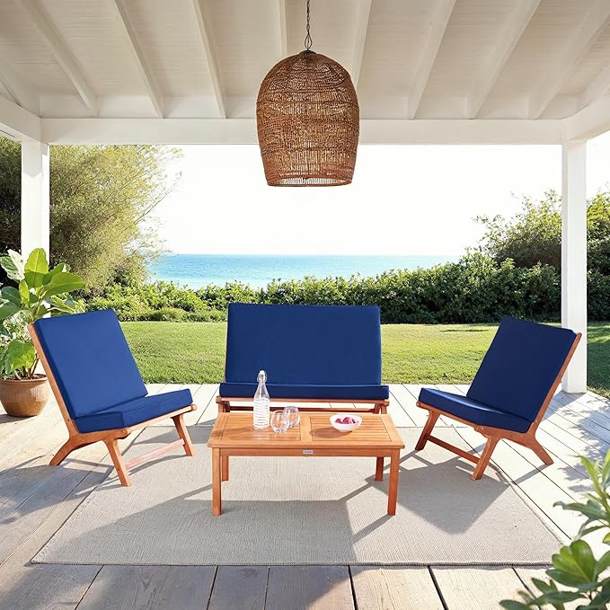 SAFAVIEH Outdoor Collection Chaston Natural Wood/Navy Cushion 4-Piece Conversation Patio Set