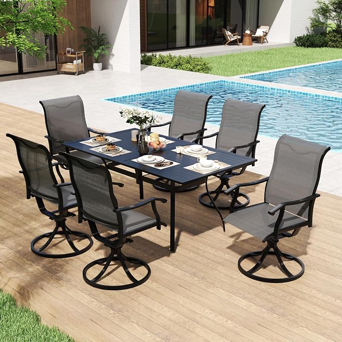 LVUYOYO 7-Piece Outdoor Patio Dining Set, Textilene Swivel Chairs & Rectangular Table Set, All-Weather Table and Chairs Set with Umbrella Hole for Backyard, Garden,Balcony,Porch (Gray)