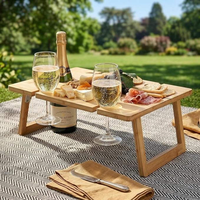 Peohud Portable Wine Picnic Table, Foldable Champagne Picnic Snack Table Tray, Wooden Outdoor Picnic Table with Glass Holder for Park, Beach, Camping, Bed, Wine Lover Gift