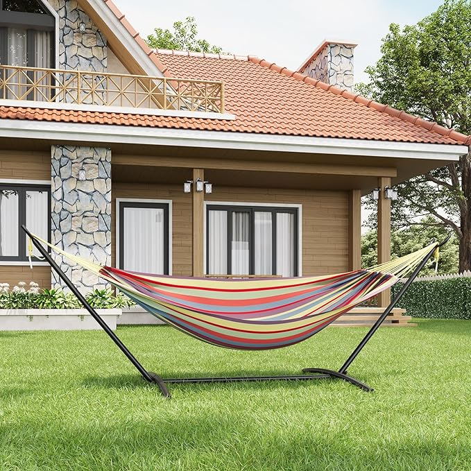 Double Hammock with Space Saving Steel Stand Included, 2 Person Camping Hammock with Carry Bag, Outdoor Portable Hammocks,450lb Capacity Standing Hammocks for Outside Garden Yard
