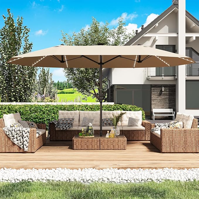 GDPFN 15ft Large Patio Umbrella with Solar Lights, Outdoor Double-Side Rectangular Umbrella, Backyard Pool Umbrella with LED Light for Deck, Outside, Market, Beige (Base Not Include)