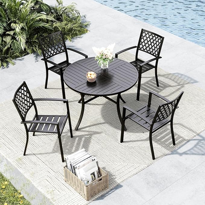 MFSTUDIO Round Outdoor Table and Chairs Set for 4 | Durable metal frame.Includes 4 chairs&patio table w/ umbrella hole.Perfect for deck,yard or patio.