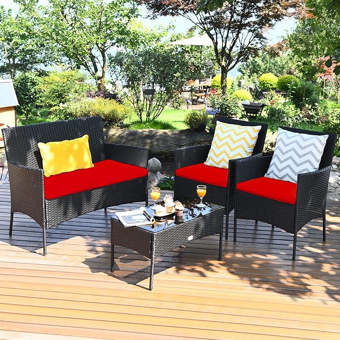 Tangkula 4 Piece Patio Furniture Set, Outdoor Wicker Conversation Set with Tempered Glass Coffee Table, Rattan Loveseat & Chairs Set with Seat Cushions for Backyard, Garden, Poolside (1, Red)