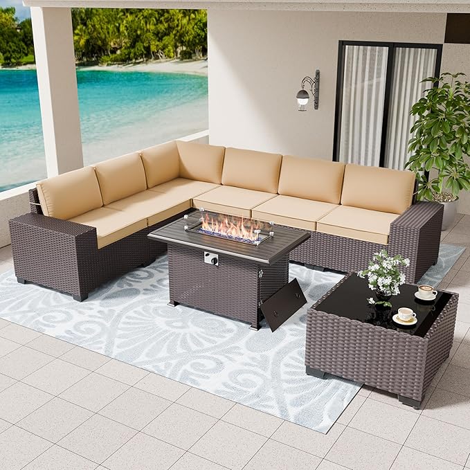 Patio Set Sofa High Back 7 Pieces Wicker Sectional Sofa with 55,000 BTU Gas Fireplace Table, Rattan Outdoor Furniture Set with Thicken Cushion and Coffee Table, Sand