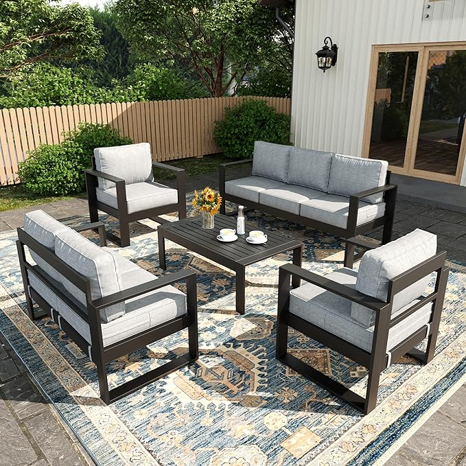 5 Piece Modern Aluminum Patio Furniture Set, Outdoor Patio Sectional Conversation Metal Seating Sets with Olefin Cushion and Coffee Table