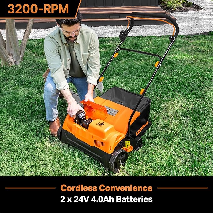 LawnMaster 48V MAX Brushless 16” 2-in-1 Cordless Dethatcher and Scarifier with Removable Thatch Collection Bag Quick-Fold – CLGVB4816
