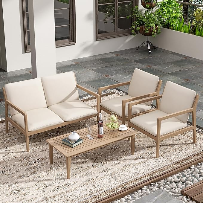 Christopher Knight Home Hearth Patio 4 Pieces Conversation Set, Acacia Wood Loveseat and Accent Armchairs, Slat Panel Coffee Table, Side Table with Sofa Chairs Chat Set for Garden Yard, Light Teak