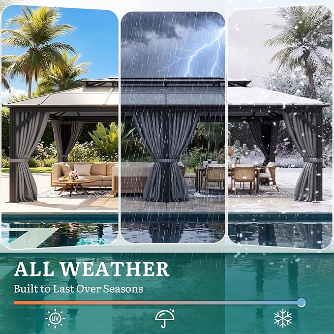 YITAHOME 12x20FT Gazebo Polycarbonate Hardtop Double Roof Canopy Outdoor with Netting and Shaded Curtains, Metal Frame Garden Tent for Patio, Backyard, Deck and Lawns, Grey