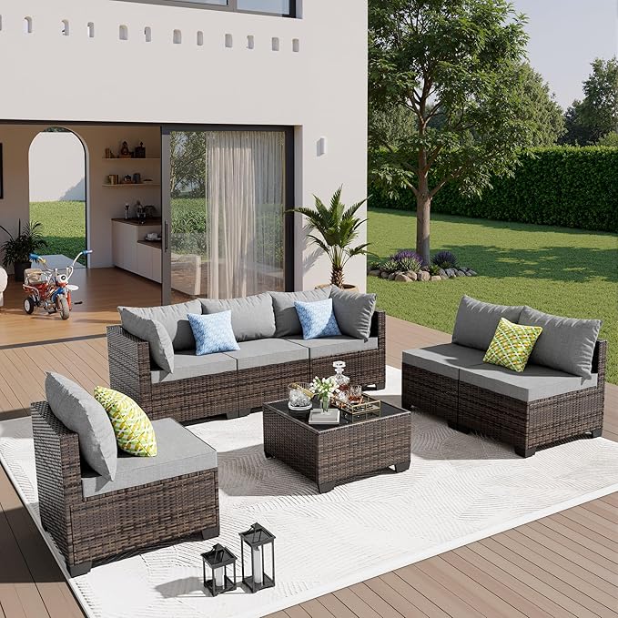 7 Pieces Patio Furniture Set - Outdoor Sectional Wicker Rattan Furniture with Cushion and Glass Table Patio Conversation Sets for Porch Poolside Backyard Outdoor Sofa Set Modular Sofa