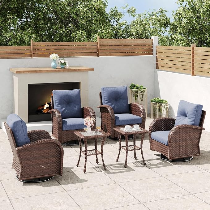6 Pieces Outdoor Wicker Patio Swivel Rocking Chairs, All Weather Wicker Conversation Set with Side Table