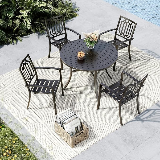 MFSTUDIO Round Outdoor Table and Chairs Set for 4 | Durable metal frame.Includes 4 chairs&patio table w/ umbrella hole.Perfect for deck,yard or patio.