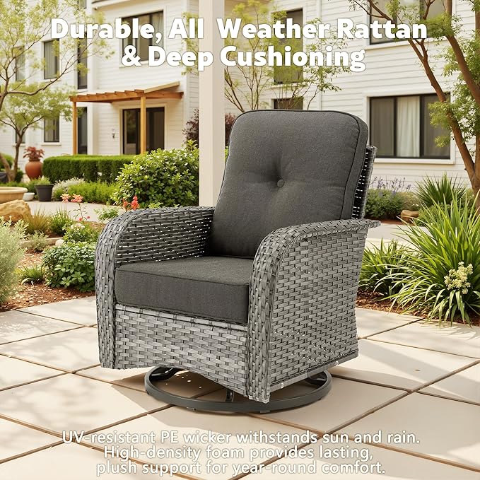 Patio Furniture, All Weather Wicker 6 PCS Outdoor Sofa with High Back Swivel Rocker Chairs, Conversation Set with Solar Light Coffee Table,Light Rattan Black Cushion
