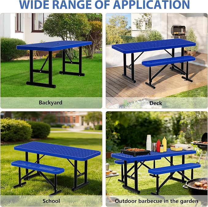 4FT Picnic Tables for Outdoors, Blue Rectangular Heavy Duty Commercial Picnic Table with Umbrella Hole, Weather-Resistant Camping Table Dining Table for Backyard, Patio, Garden, Shops, Parks