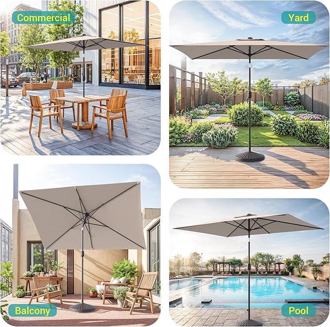 Rectangle Patio Umbrella with Solar Lights, 10 x 6.5ft Rectangular Outdoor Umbrella Table Market Patio Umbrella with Push Button Tilt and Crank for Garden, Deck, Backyard, Pool