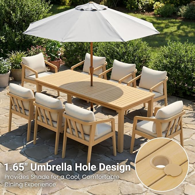 FansaFurn 3-Piece Acacia Patio Table and Chairs Set for All-Weather | Outside Furniture with Table Umbrella Hole and Removable Cushion, Backyard Furniture with Outdoor Bench for Garden Lawn
