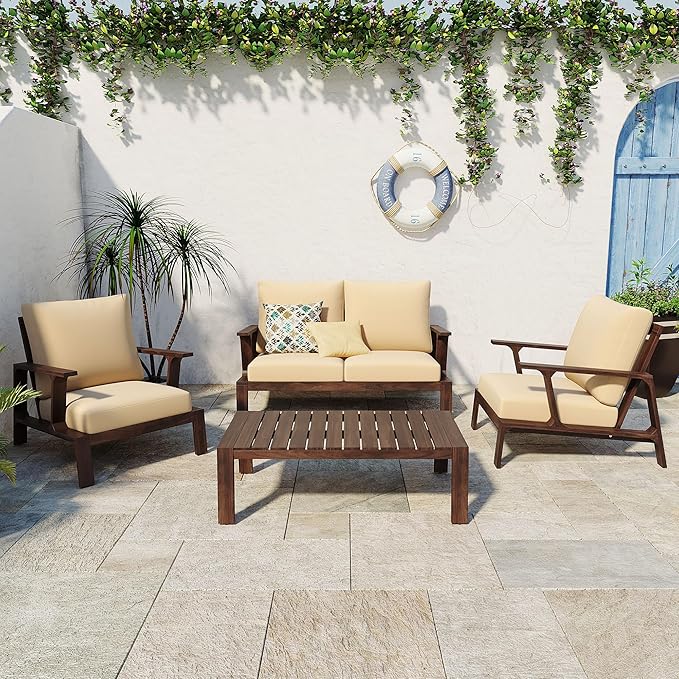 4-Pieces Acacia Wood Patio Furniture Set, All-Weather Sectional Sofa Set w/ 2 Chairs, Loveseat & Coffee Table, Outdoor Conversation Set with Cushions for Garden Backyard Porch Balcony (Brown Finish)
