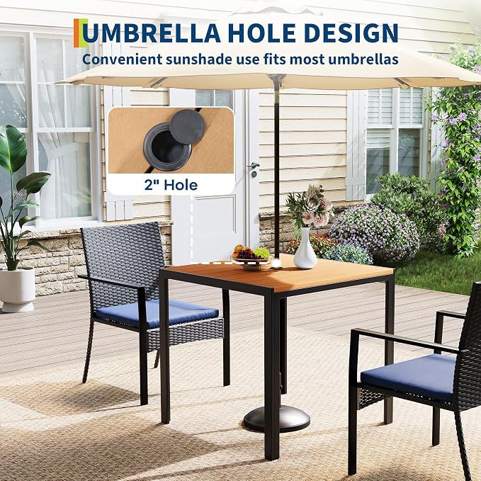 3 Piece Patio Dining Set, Wicker Outdoor Table and Chairs with Umbrella Hole ＆ Soft Cushion, Patio Furniture Set for Backyard, Garden, Poolside, Deck - Black＆Blue
