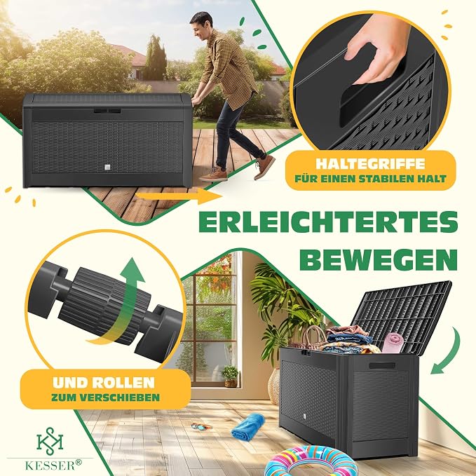 KESSER Rattan Look Garden Storage Box, 310L, Foldable Lid, 3 Handles, Wheels, Weatherproof, Easy Assembly