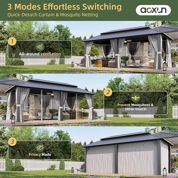 Aoxun 12’x20’ Hardtop Gazebo, Permanent Metal Pavilion with Galvanized Steel Double Roof, Outdoor Pregola with Nettings and Curtains for Lawn, Garden, Patio (Brown)